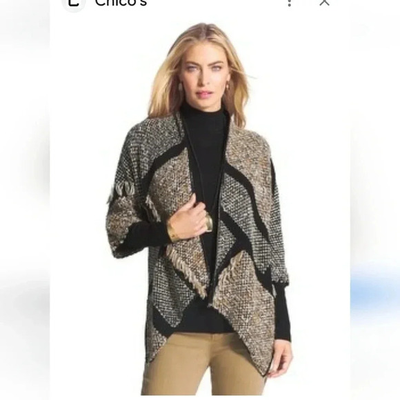 Chico's Textured Knit Fringe Career Open Front Cardigan   Patchwork Wool Blend - Picture 1 of 10